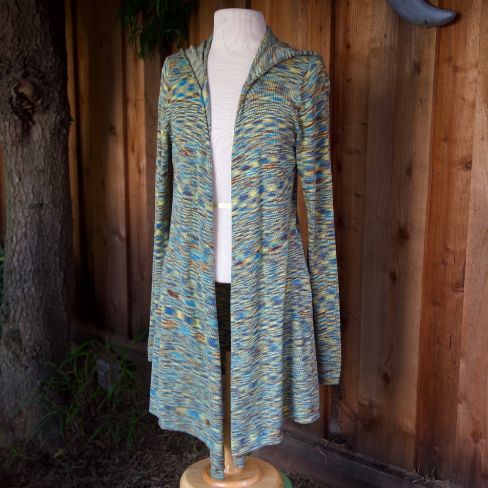 STACIA Aqua Bamboo Blend Knitted Space Dye Hooded Long Open Cardigan Woman's M